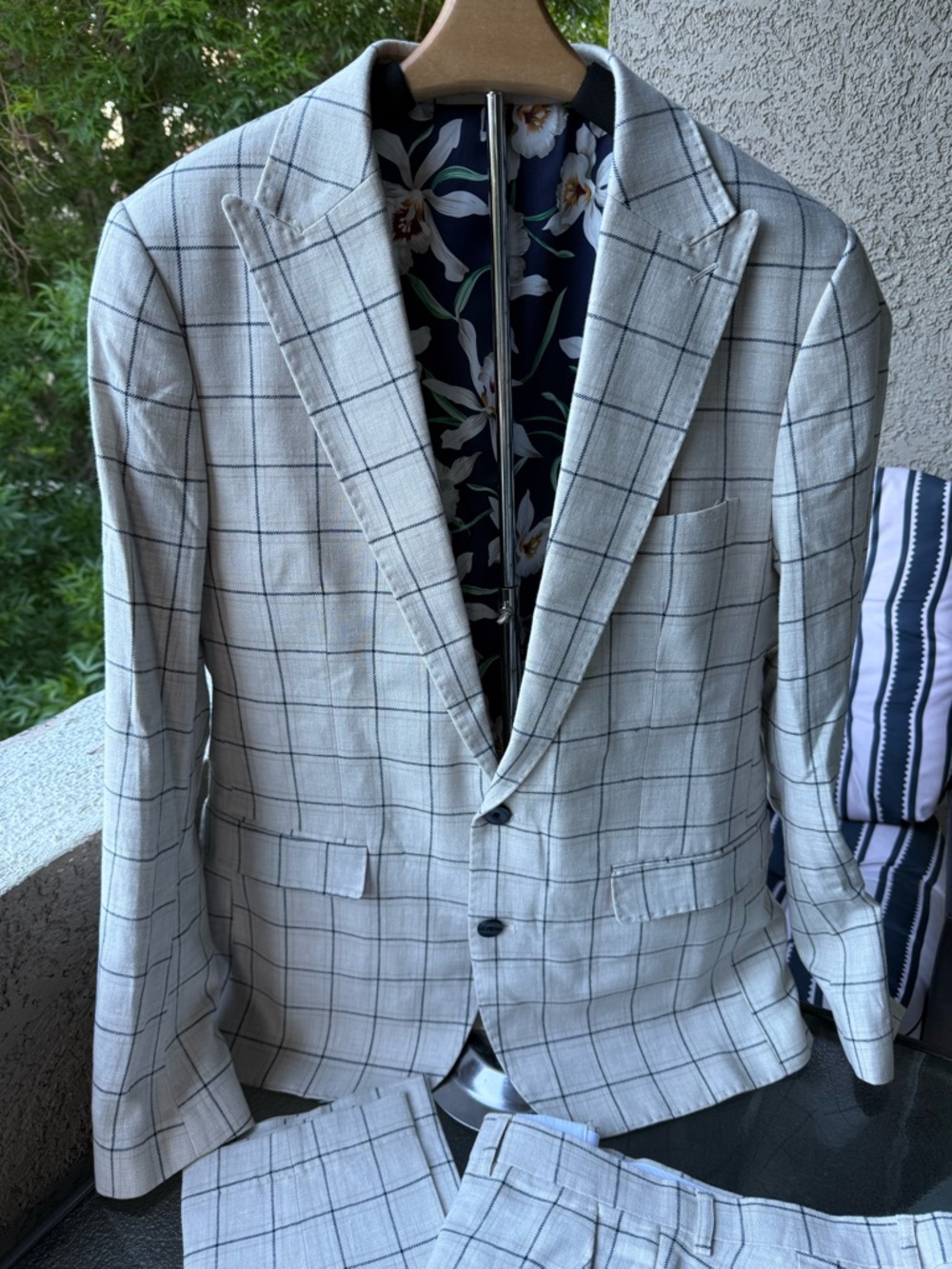 Men's Windowpane Two-Piece Suit - beige-blue lines size skinny 42 - Picture 3 of 16